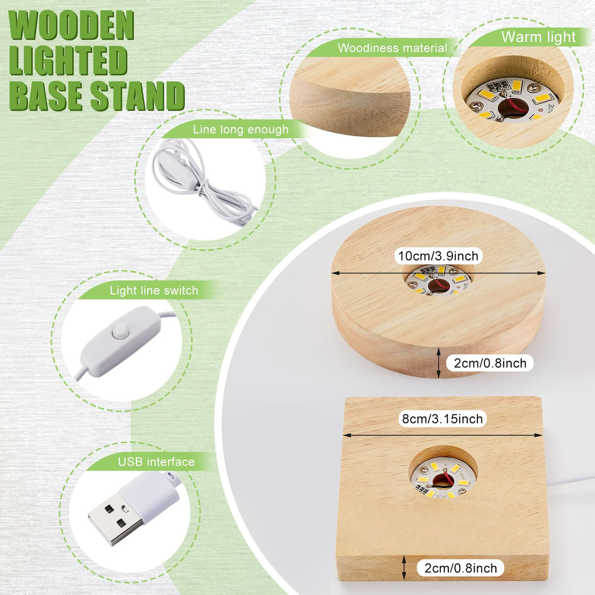 Honoson 4 Pcs LED Light Base - Wooden LED Base for Crystal Wood Light Display for Glass Art Lighted Stand for 3D Glass Resin Art(Square, Round)