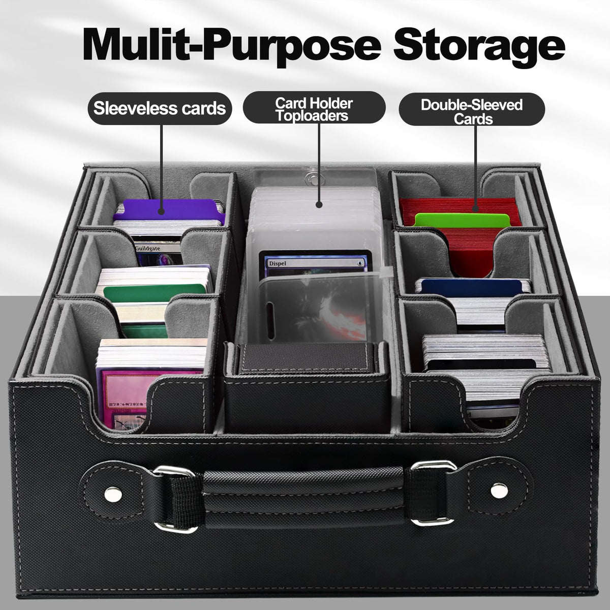 RyshePro 7-in-1 Trading Card Storage Box with Handle, MTG TCG Deck Box with Commander Display Fits 1300+ Sleeved Cards - Includes 6 Toploaders, 3 Stoppers, 16 Colorful Dividers & Dice Box (Black Grey)