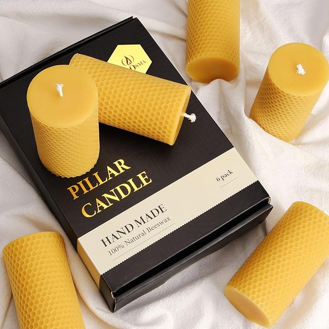 Pure Natural Beeswax Pillar Candles Bulk - Pack of 6 - Honeycomb Surface, No Scent- for Emergency/Prayer/Relax (2inch Diameter, 4 inch Tall - Yellow)