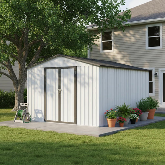 Ball & Cast 10x12 FT Sheds & Outdoor Storage,Metal Aluminum Garden Shed,with Punched Vents,Waterproof Cabinet w/Hinged Door and Padlock,Tool House for Storing Bicycles,Lawnmowers,Barbeques,White+Grey