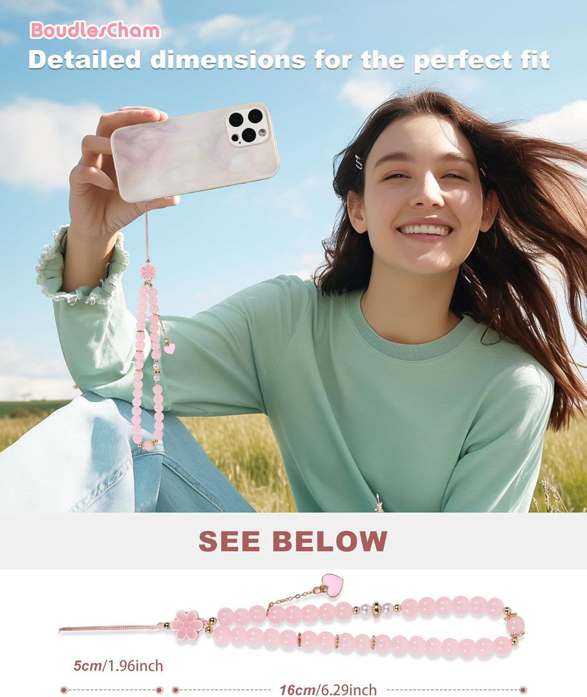 BoudlesCham Phone Charm Cute Pink Pearl Beaded Phone Wrist Strap for Women, Phone Charms Strap for iPhone Charm Strap