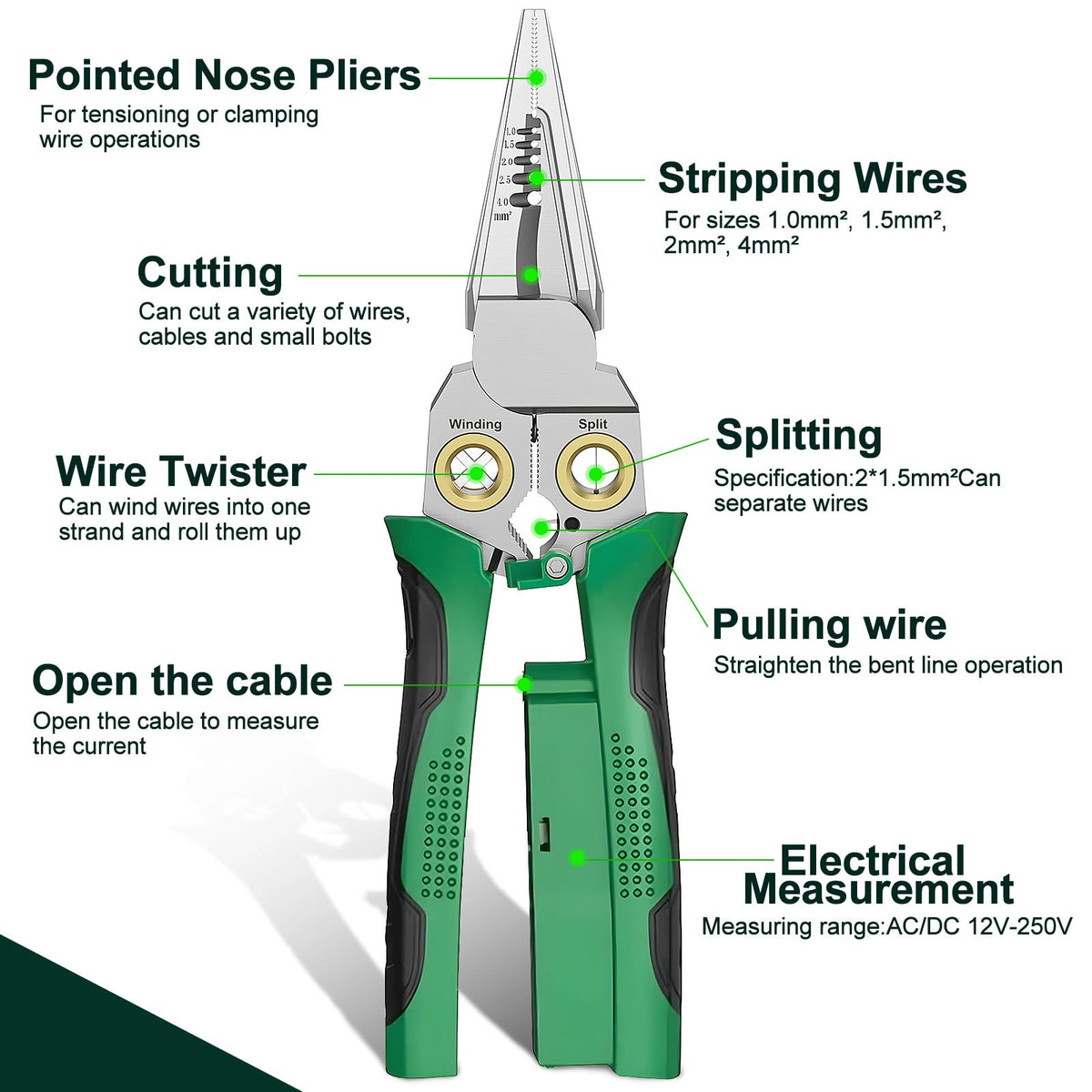 GADO Pro 8-in-1 Wire Stripper/Cutter with Voltage Tester & Dual Alarms - Heavy Duty 12-250V AC/DC Electrical Tester for Hot/Neutral Wires - Electrician, HVAC, Car Repair Tool (Green)
