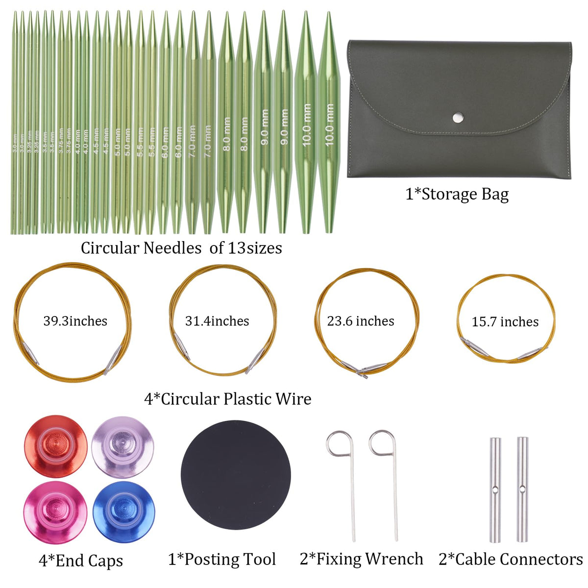 BsHooker Interchangeable Circular Knitting Needles Set with Case,13 Pairs Aluminum Knitting Needles 3mm to 10mm,Lightweight and Durable for Handmade DIY Knitting with Knitting Accessories,Green