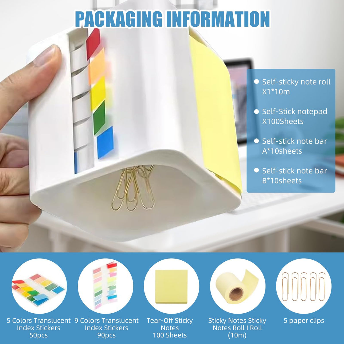 5-in-1 Sticky Note Dispenser and Holder with Pop Up Notes, Transparent Tabs, Magnetic Paper Clip Holder, Roll Sticky Notes - Multifunctional Cube Desk Organizer for Office, School & Home (Black)