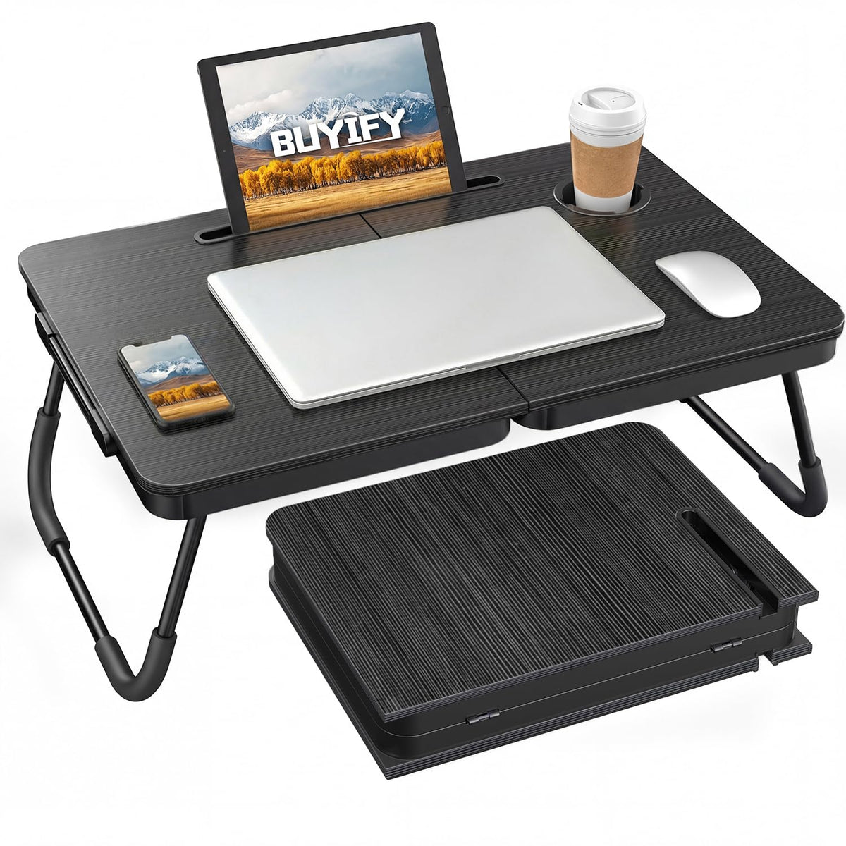 BUYIFY Foldable Laptop Bed Desk for Couch, Sofa - Large Lap Desk Tray Table with Cup Holder and Tablet Slot - Portable Notebook Stand for Eating, Writing, Studying and WFH -NEW-006