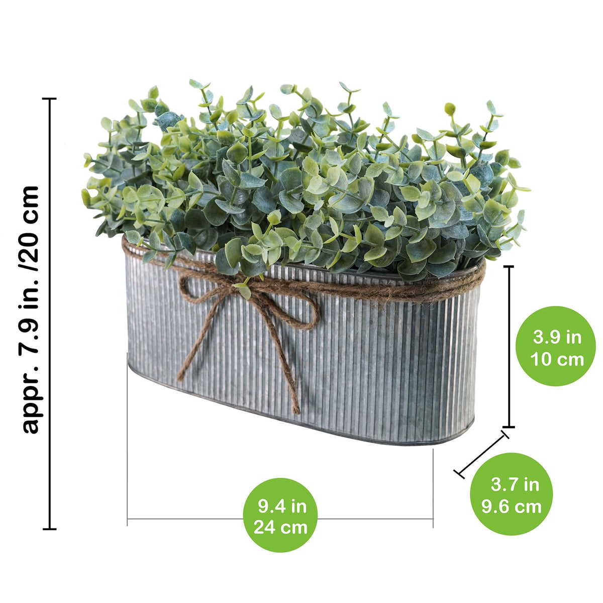Winlyn Artificial Eucalyptus Arrangement in Rustic Oval Galvanized Metal Planter Box Faux Eucalyptus Bush Greenery Potted Plants for Farmhouse Indoor Home Office Table Centerpiece Kitchen Décor