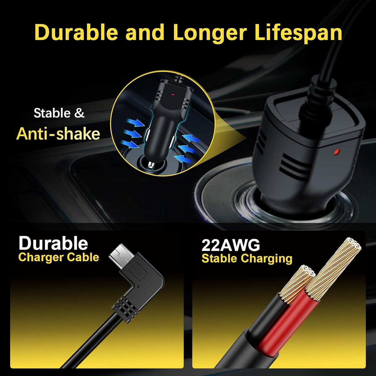 Range Tour 4m/13.12ft 12V/24V DC5V 3A Dash Camera Car Charger, Mini USB and Micro USB Interfaces, L-Type Driving