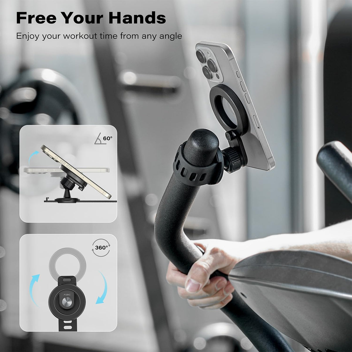 A2C Phone Holder for Peloton Bike, Stroller Phone Holder with Strong Magnets, Rotatable & Foldable Magnetic Phone Mount