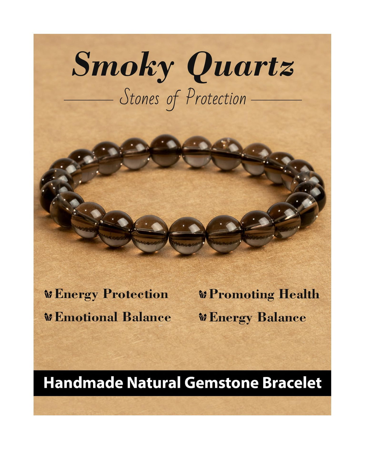 Landorilo Beaded Bracelet for Men Women, 8mm Natural Stone Smoky Quartz Healing Crystal Stretch Bracelets, Ideal Christmas Birthday Jewelry Gifts with Energy Card，Replacement Beads Included