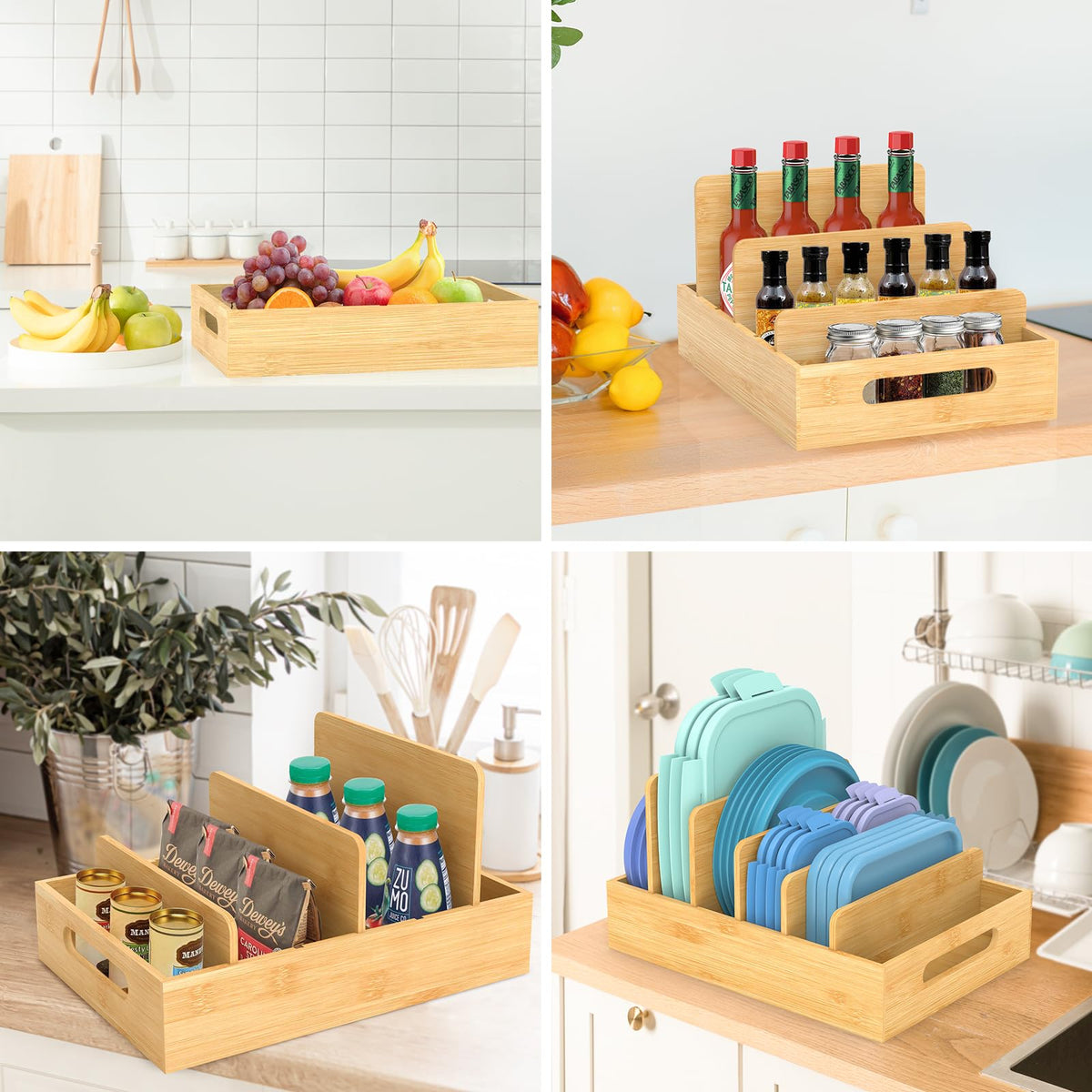 Retro Shaw Bamboo Food Container Lid Organizer with Adjustable Dividers for Cabinet, Lid Organizer for Plastic Lids and Covers Kitchen Storage and Organization