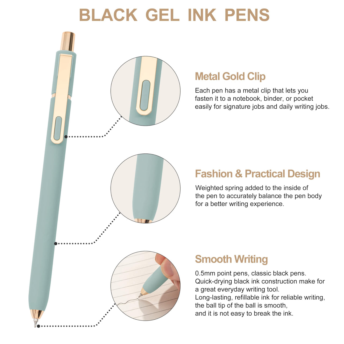 Linbsunne Gel Pens Black Ink Pens for Office 0.5mm Fine Point Pen Smooth Writing Retractable (Metal gold clip-10 pcs)