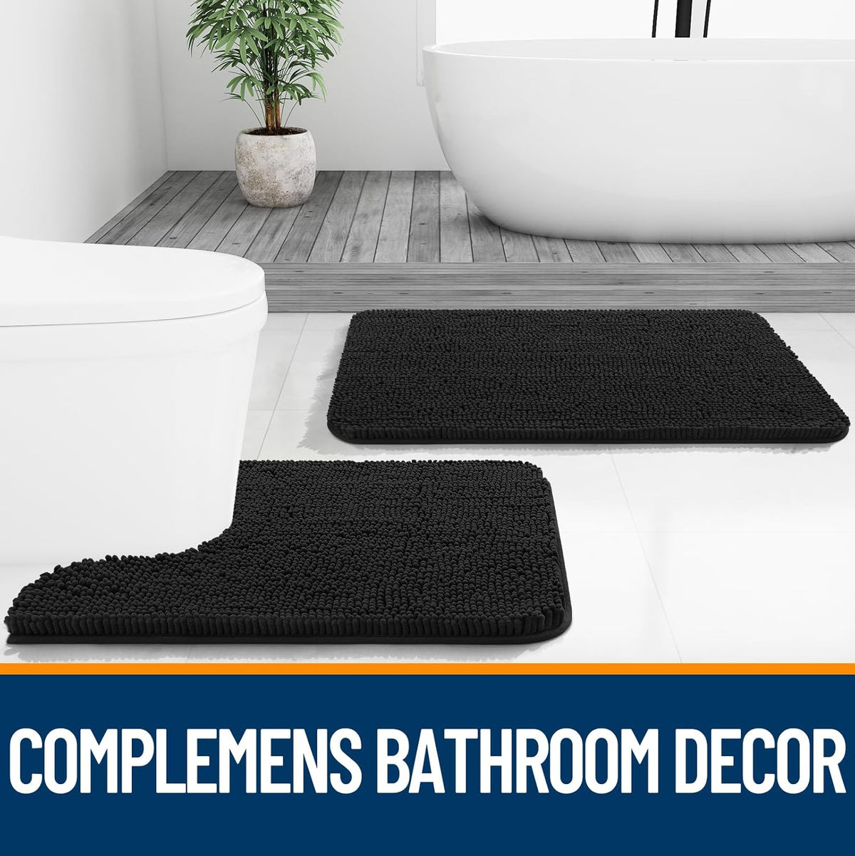 OLANLY Bathroom Rugs - Extra Soft Absorbent Chenille Mats | Quick-Dry, Machine Washable, 47x20", Black