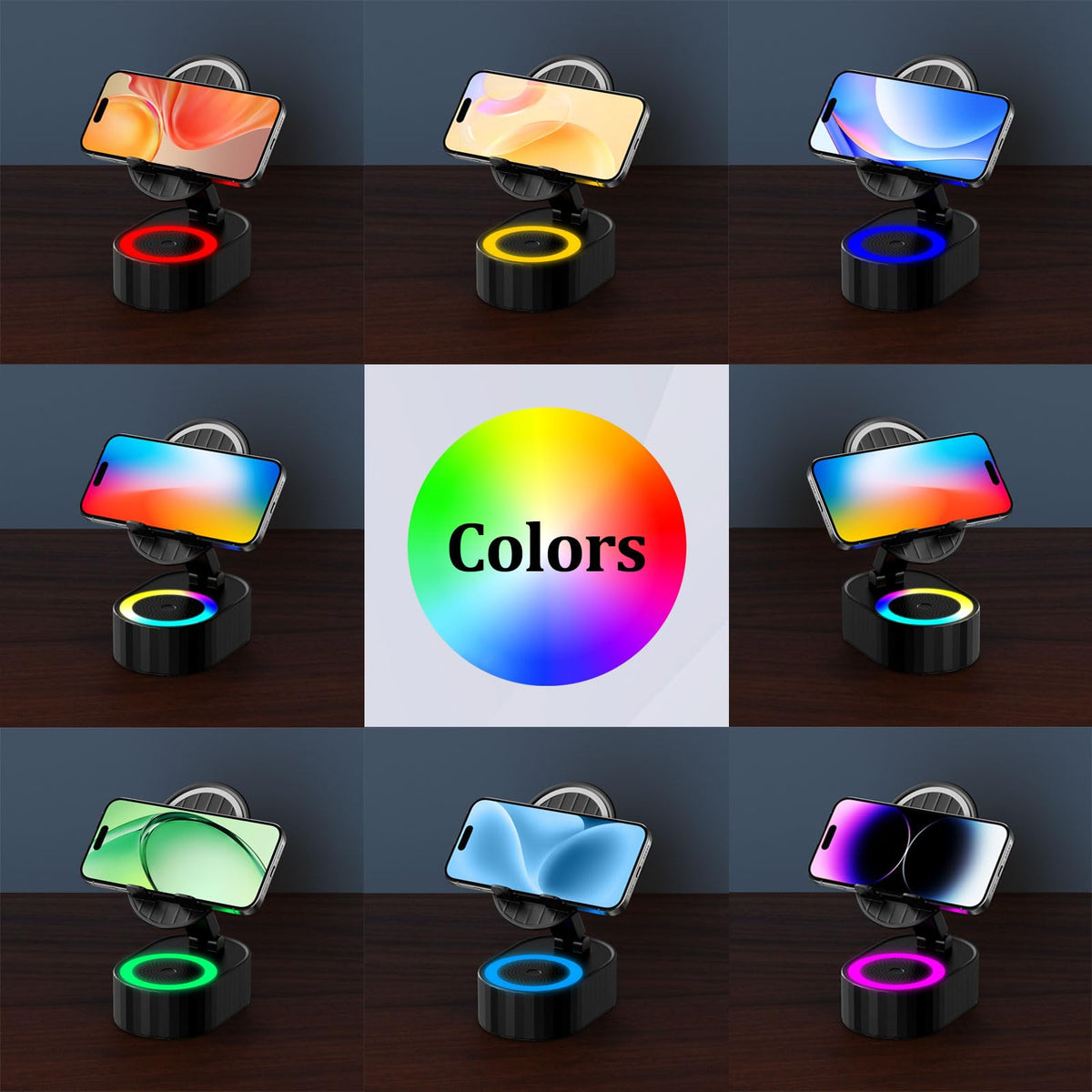 AKLLCCR Wireless Induction Audio Bluetooth Speaker 5in1 Phone Holder Emergency Rechargeable (3000mAh) with Colorful Ambient Light 300° Foldable for Tablet iPhone Android, Gifts for Men Women (Black)