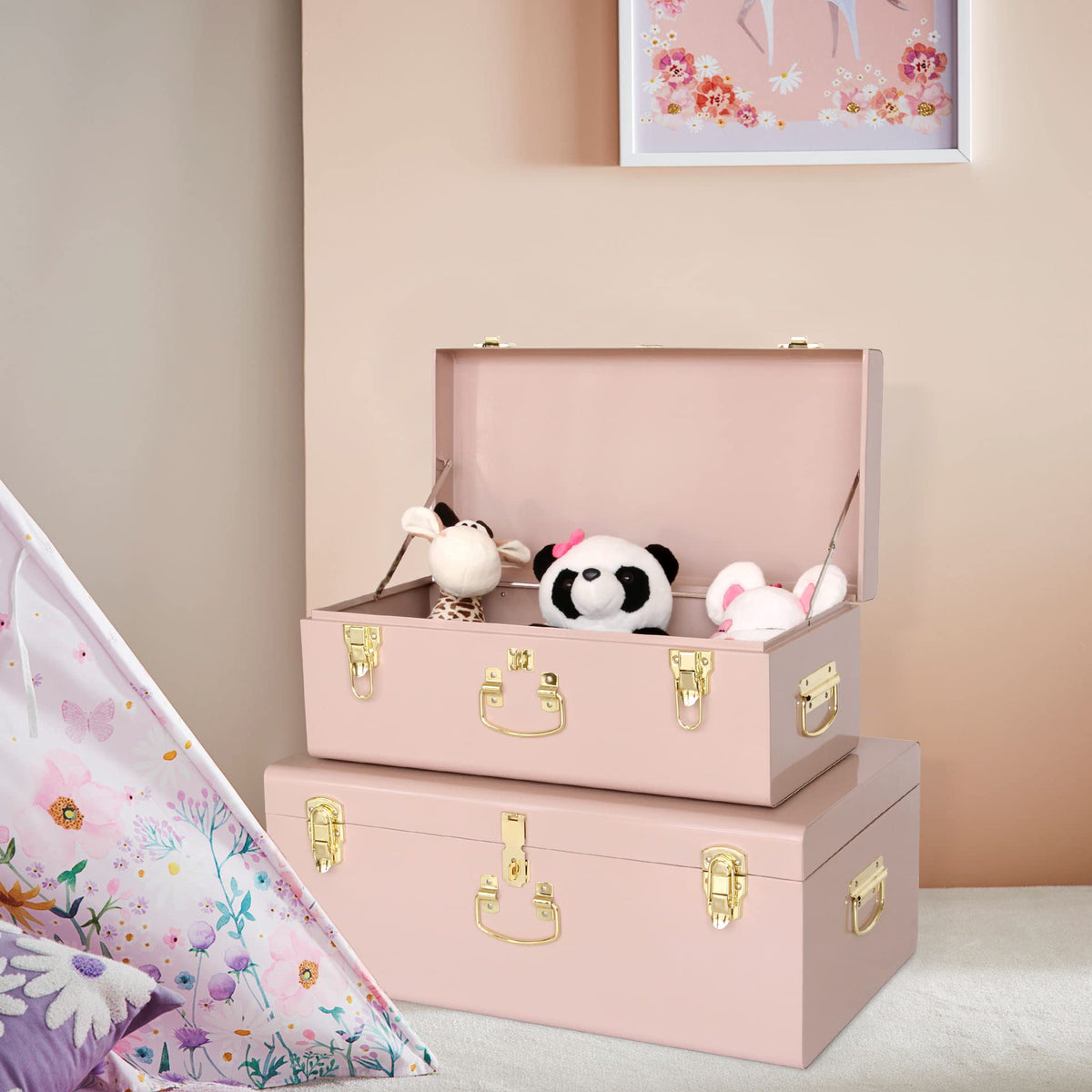 Vixdonos Decorative Metal Box Storage Trunks Set of 2 College Dorm Chest with Handle (Pink)