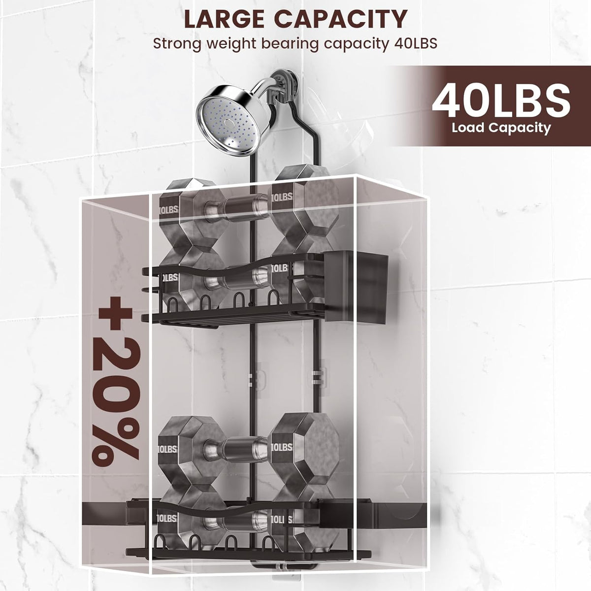 Reinhardt Rustproof Shower Caddy - Anti-Swing Organizer with Soap Holder & Hooks | Black