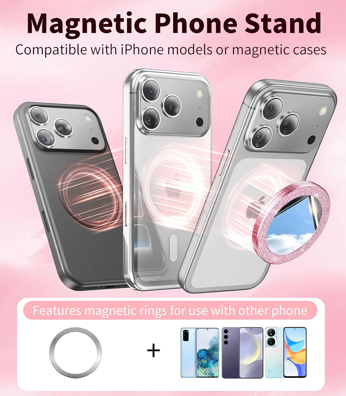 Blissfuhue 17/16/15/14 Portable Double-Sided Magnetic Phone Holder with Mirror, for Magnetic Phone GripFoldable