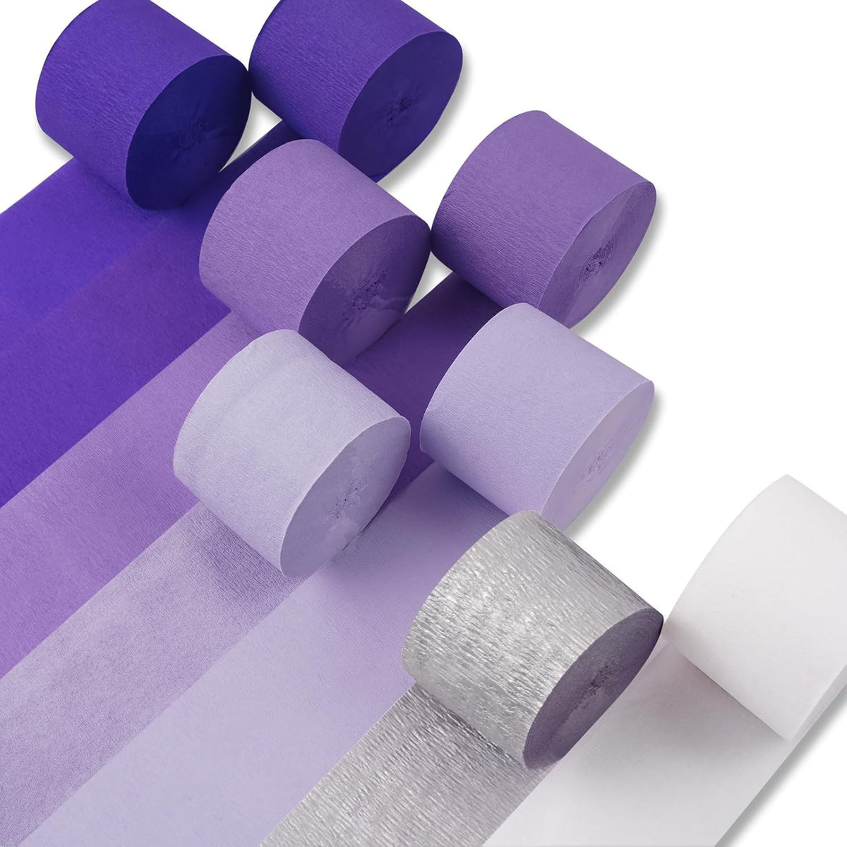 PartyWoo Purple Crepe Paper Streamers - 8pcs 656ft Light & Dark Purple, Lavender, White, Silver for Birthday & Graduation Decor