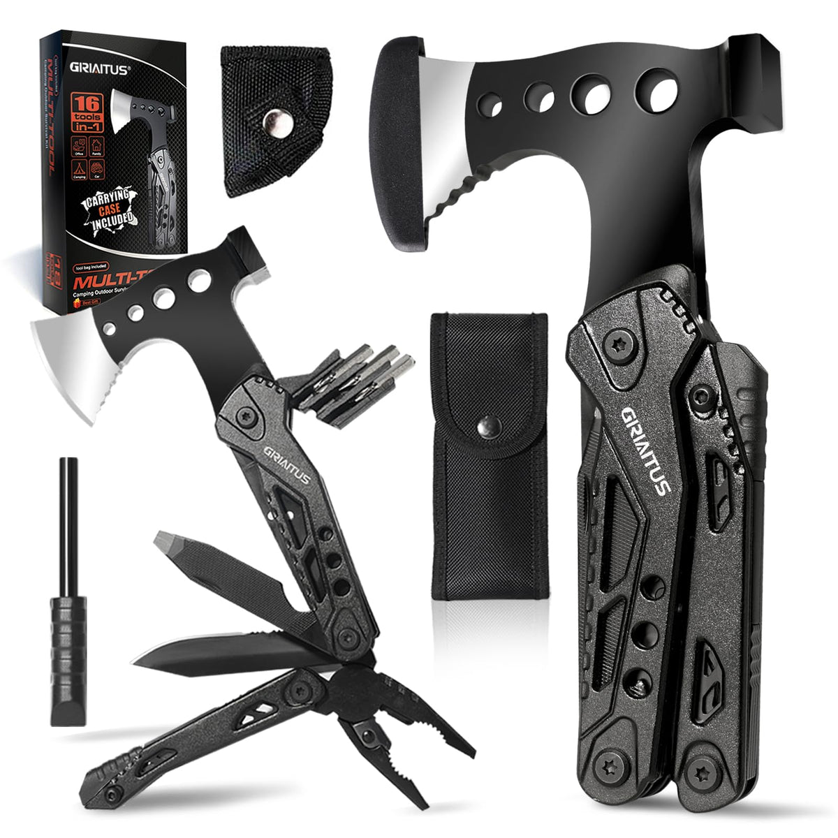 Camping Essentials Multitool Camping Accessories Gifts for Men 16 in 1 Multi Tool Survival Gear with Axe Hammer Pliers Saw Screwdrivers Bottle Opener Whistle for Camping Hiking, Gifts for Dad Him
