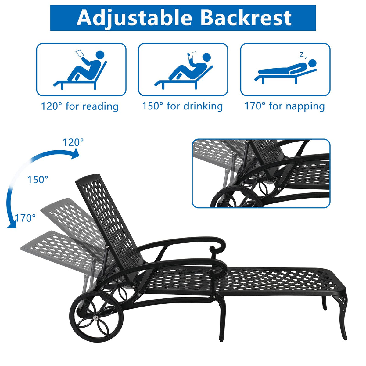 VINGLI Cast Aluminum Outdoor Chaise Lounge Chair with Wheels, Patio Chaise Lounges with 3-Position Adjustable Backrest, Pool Lounge Chair Reclining Chairs for Poolside Tanning (1, Black)
