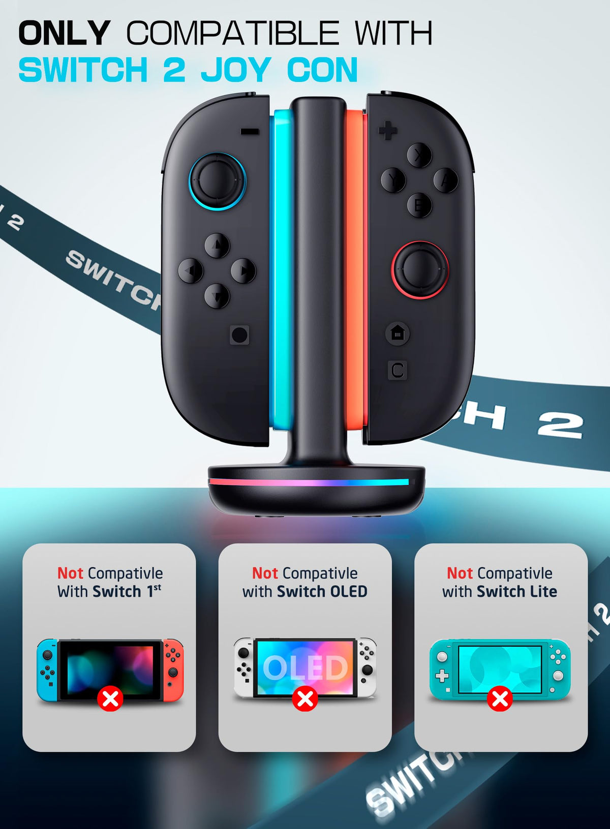 SUPCASE Charging Dock for Nintendo Switch 2 Joy Con, [Supports Dual-Side Charging] [9 Light Modes] Magnetic Controller Fast Charger Stand Station Compatible with Switch 2 Joy Con Accessories, Black