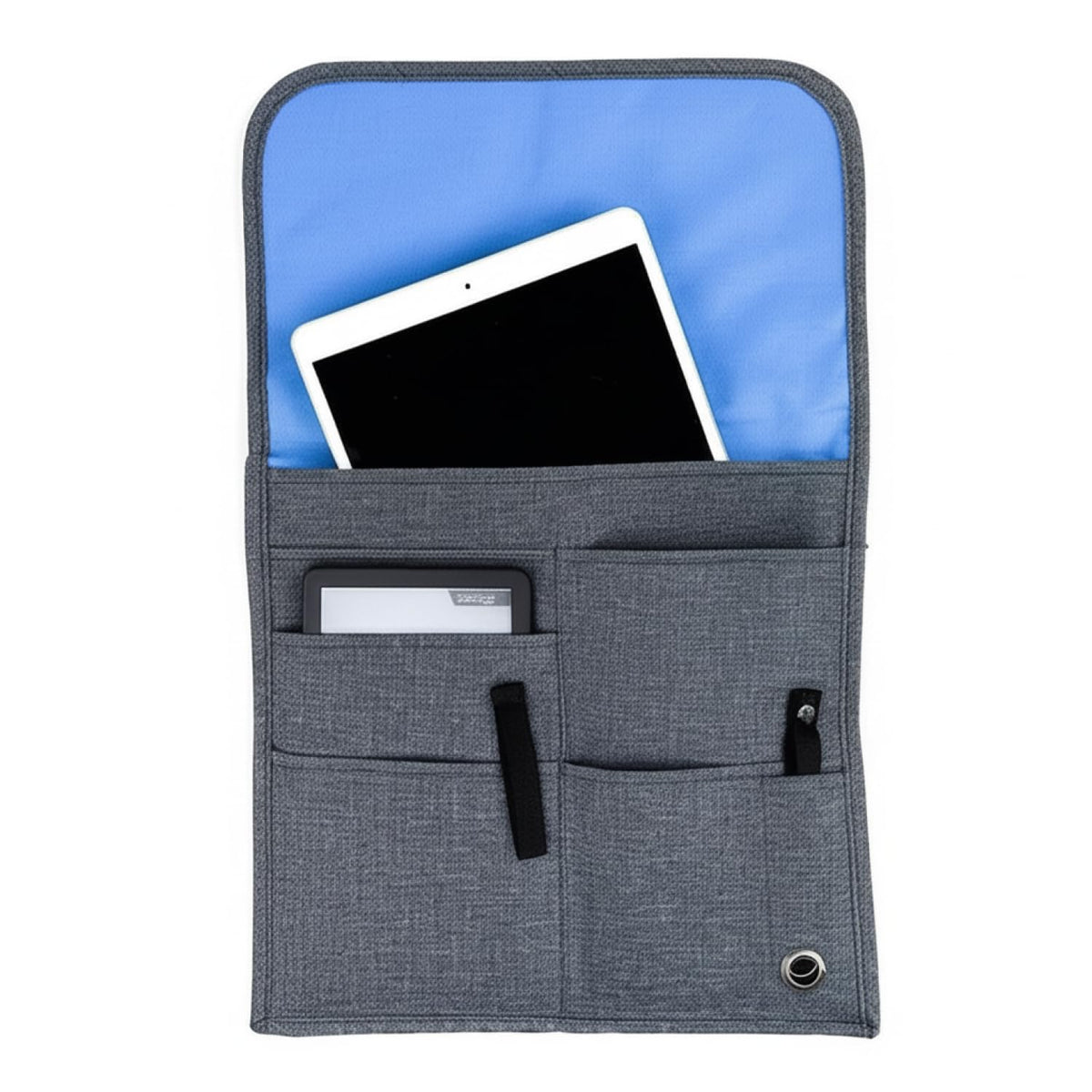 SO~MINE Airplane Pocket Organizer | Tray Table Cover | In Flight Seat Back Organizer Bag | Commuter Essential Travel Bag | Media Pouch For Flying | Travel Gift | Attaches To Luggage | Charcoal/Cobalt