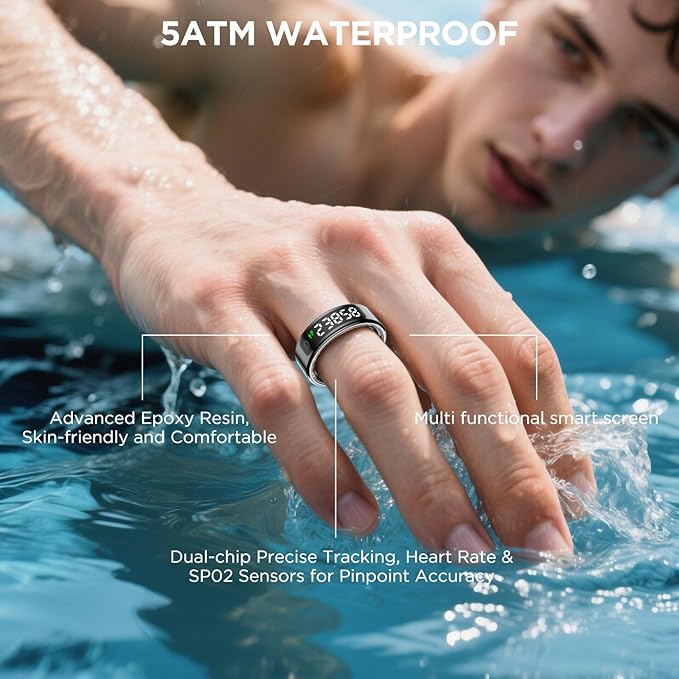 Smart Rings for Men with Display Screen, Fitness Ring with Wireless Charging, Sleep Tracker Ring with Heart Rate, Health Rings for Activity Monitoring/Steps/Calories, for iOS Android (Black,8#)