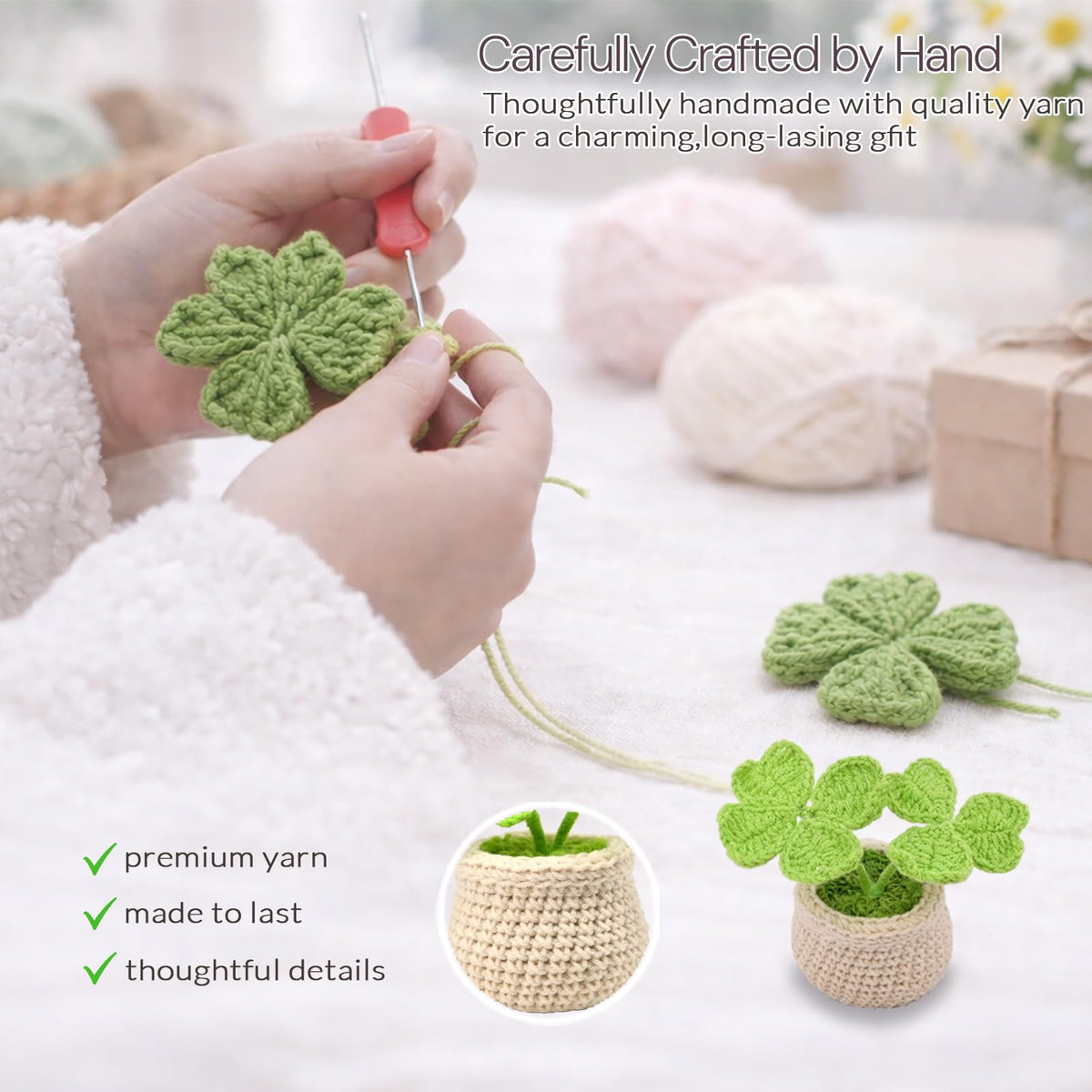 korawove Good Luck Gifts for Mom - Cute St. Patricks Day, Mothers Day, Birthday Gifts for Women, Mother, Mama - Emotional Support Crochet Plants - Handmade Crochet Lucky Clover Pots.