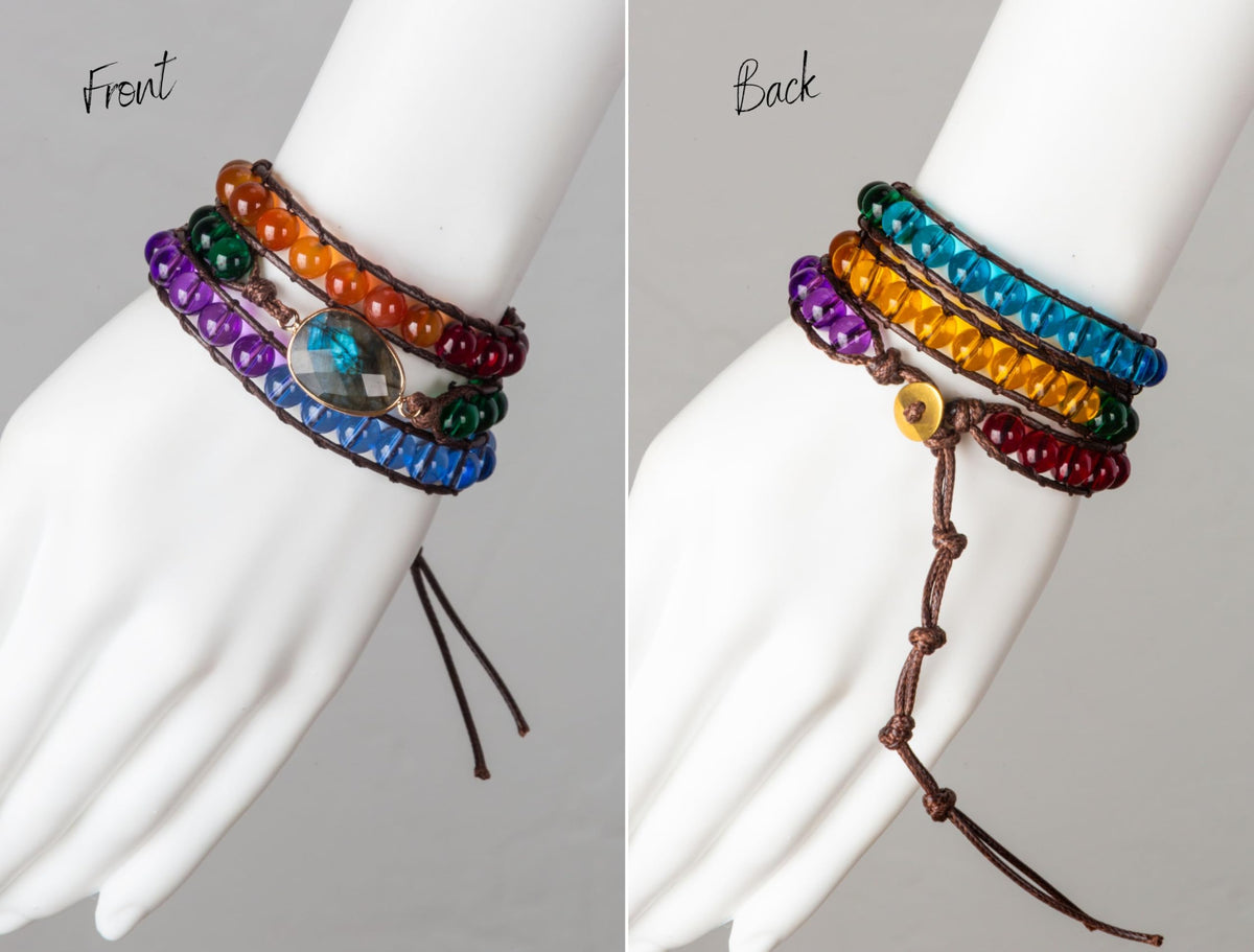 SPUNKYsoul Chakra Awareness Balancing Leather 3 Wrap Crystal Bracelet with Hematite for Women (Brown 8mm Labradorite)