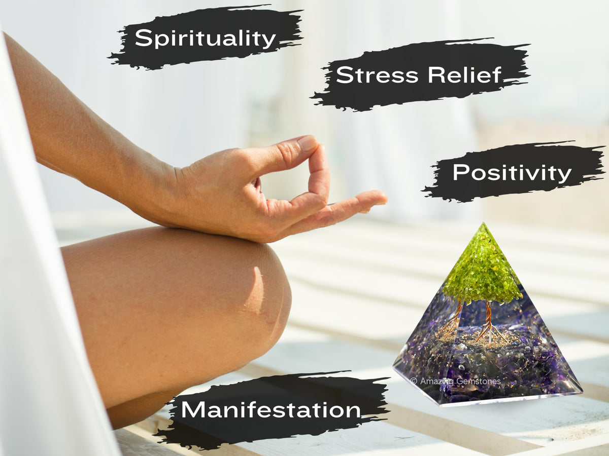 Amazing Gemstone Organite Orgone Pyramid Extra Large 105 MM - Orgone Energy Pyramid with Amethyst Crystals, Peridot Tree and Healing Stone - Orgonite Pyramids Crystals and Positive Energy