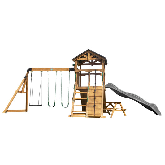 Backyard Discovery Endeavor II Cedar Wood Swing Set with Wave Slide, Play Deck, Double Rock Wall, Picnic Table, Climbing Wall, Belt Swings, Web Swing, Toy Telescope, Step Ladder, Outdoor Playset