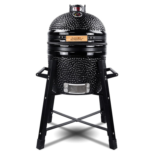London Sunshine Ceramic Kamado Charcoal BBQ Grill and Smoker, Stainless Steel Grates -15" Ceramic with Tall Stand (BLACK)