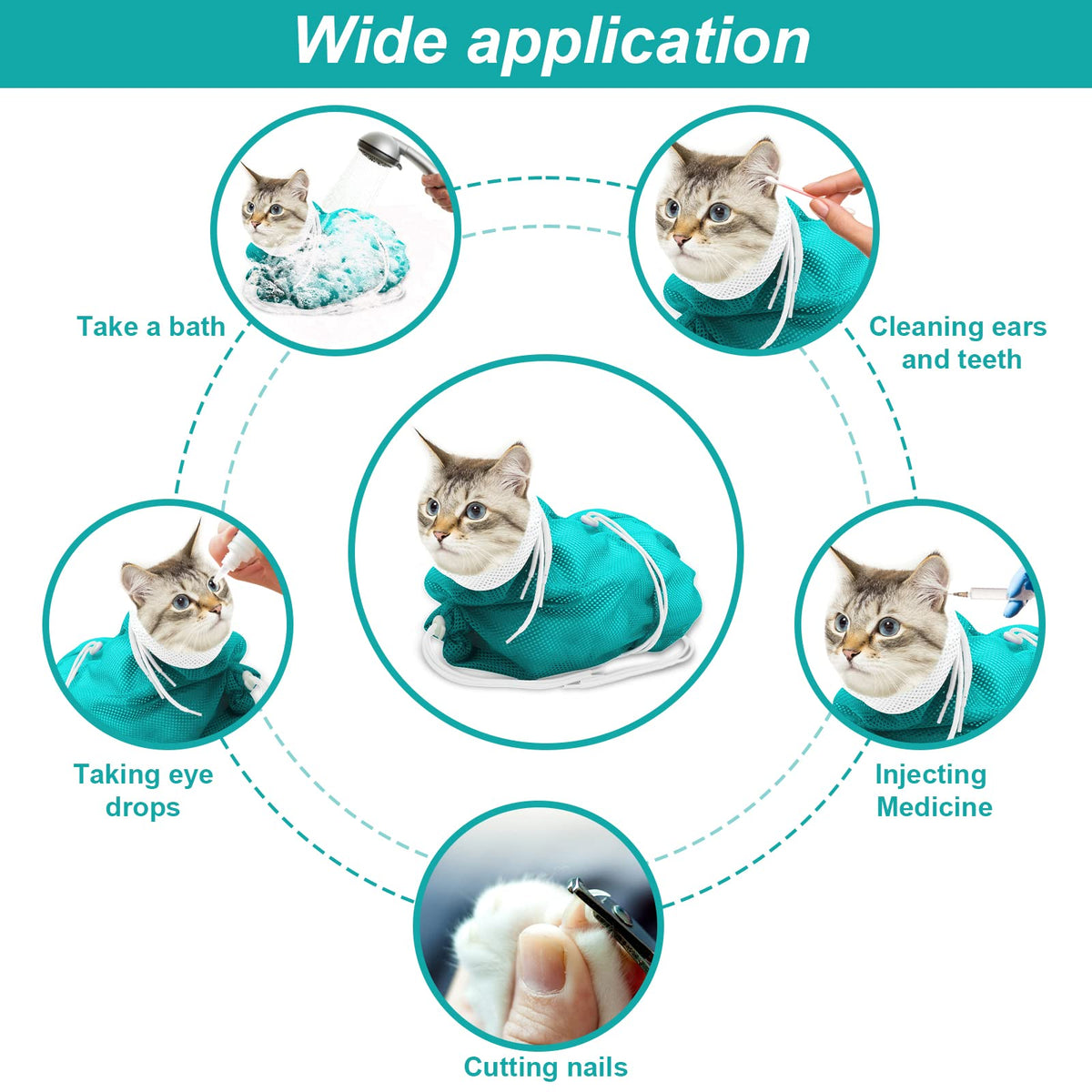 Cat Bathing Bag, Breathable Mesh Cat Shower Washing Bag Anti Scratch Adjustable Cat Grooming Bag for Nail Trimming