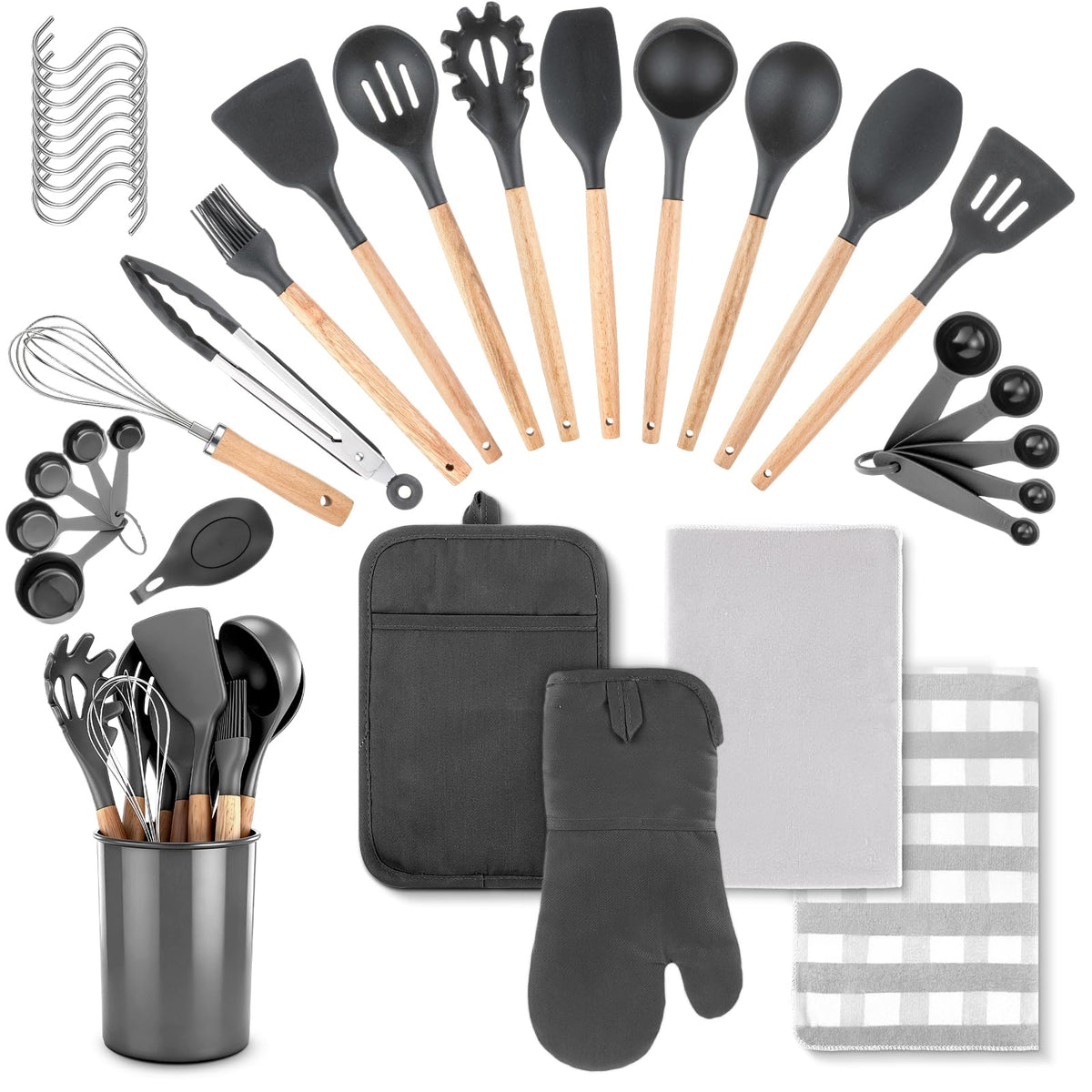 Hillsuren 37 Pcs Oven Mitts and Pot Holders with Silicone Kitchen Utensils Set Silicone Cooking Utensils Set with Holder, Kitchen Towels, Heat Resistant Gloves for Christmas Baking Cooking(Dark Gray)