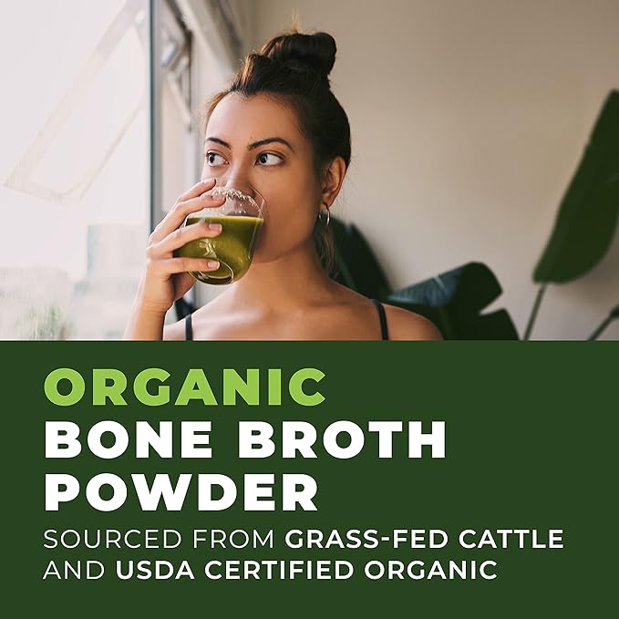 16oz Organic Bone Broth Protein Powder from Grass Fed Beef - USDA Certified Organic, Single Ingredient, Rich in Collagen, Glucosamine, No Additives, Perfect for Carnivore, Paleo, and Keto Diets