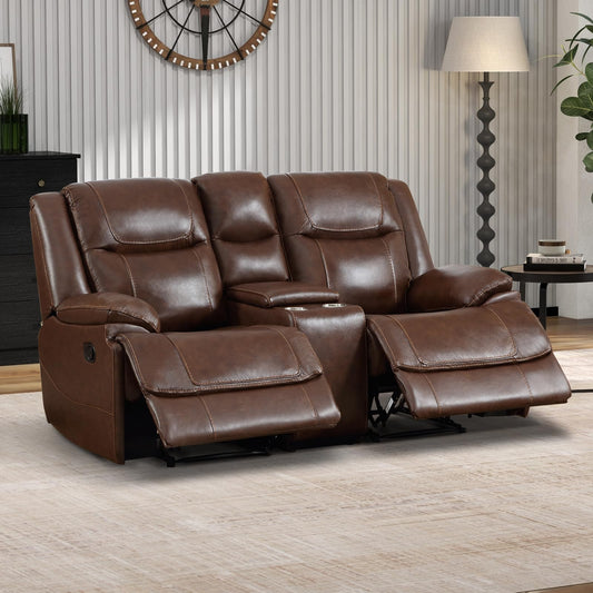 EBELLO Genuine Leather Recliner Manual Loveseat Couch for Living Room, 2 Seater Reclining Sofa Chair with Storage and Cup Holders, Modern Durable Home Furniture for Small Space, Vintage Brown