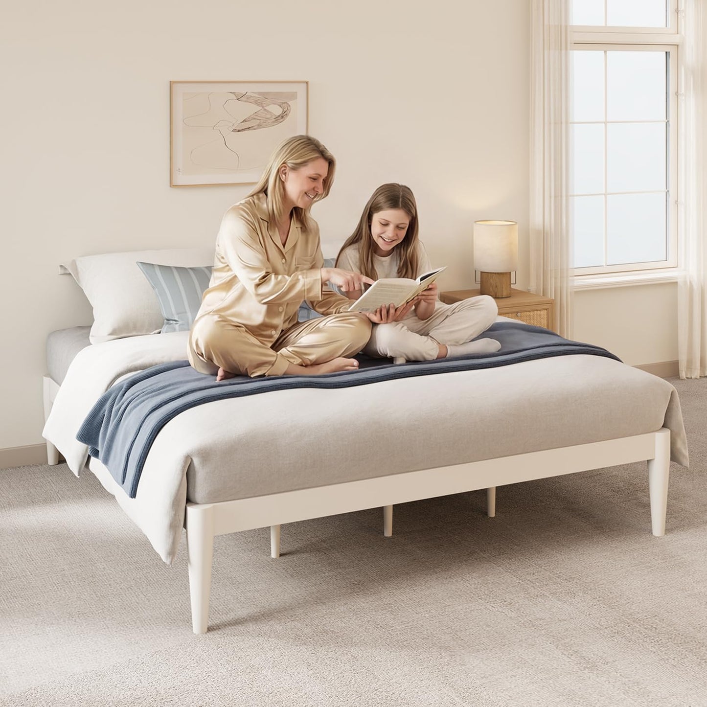 IOTXY Full Platform Bed Frame - Solid Wood 16-Inch Height Mattress Foundation Base with Densely Slats and Heavy-Duty Support Legs, No Box Spring Needed, White