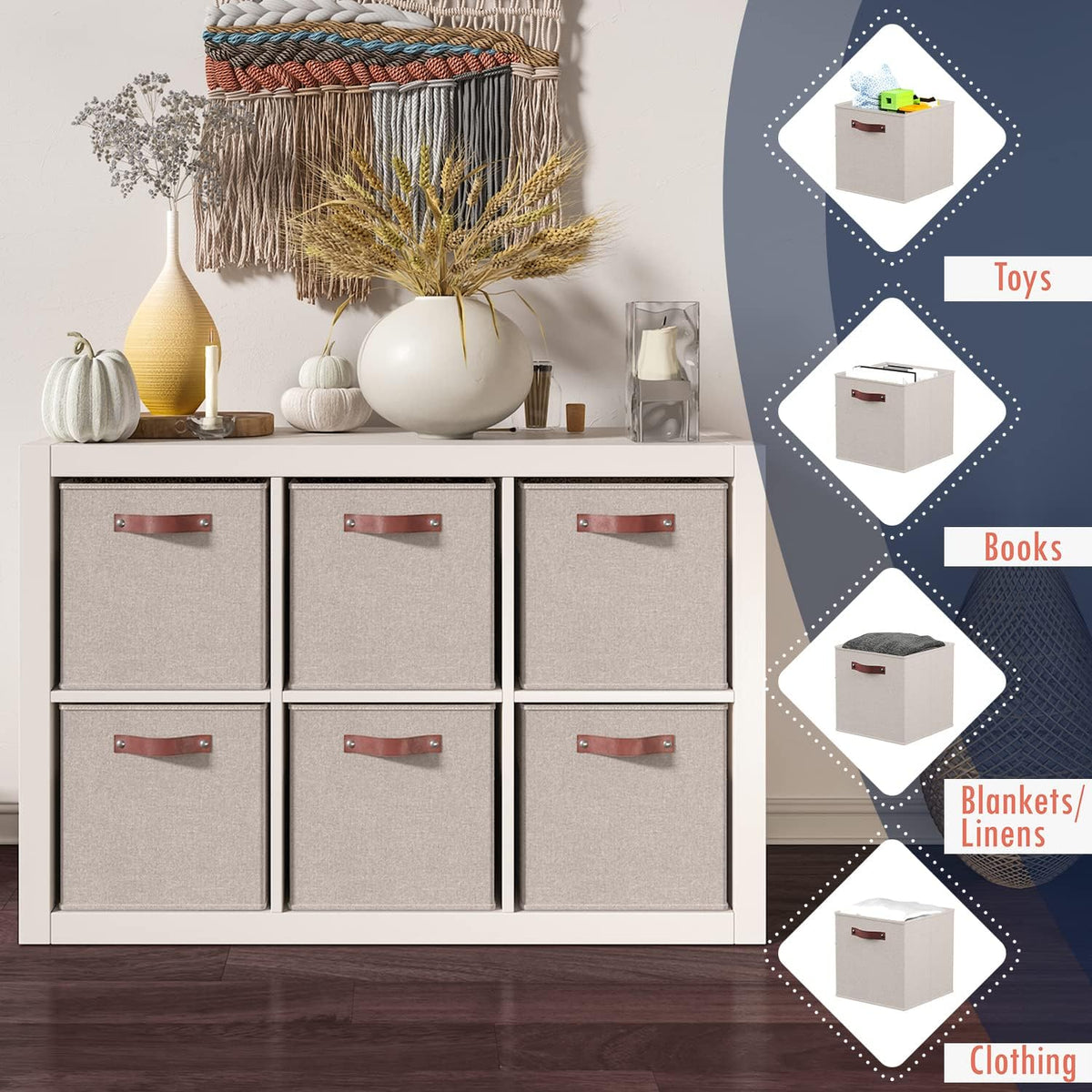 Ornavo Home Storage Cube Bins - Foldable Fabric Organizers with Leather Handles | 11x11 Inches, Beige, 6 Pack