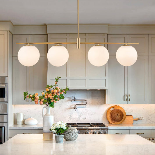 Zicbol 45.3" Modern Linear Chandelier 4-Lights Milk Glass Globe Linear Pendant Light Fixture Brushed Gold Mid Century Chandelier Kitchen Island Dining Room Light Fixture Over Table