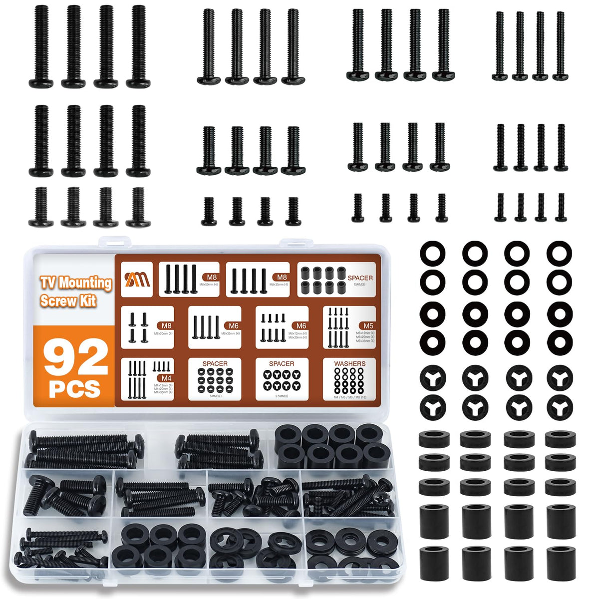 Solid As Mountain 92PCS Set M4 M5 M6 M8 80", Universal TV Mounting Hardware Screw Kit - Screws, Spacers and Washers