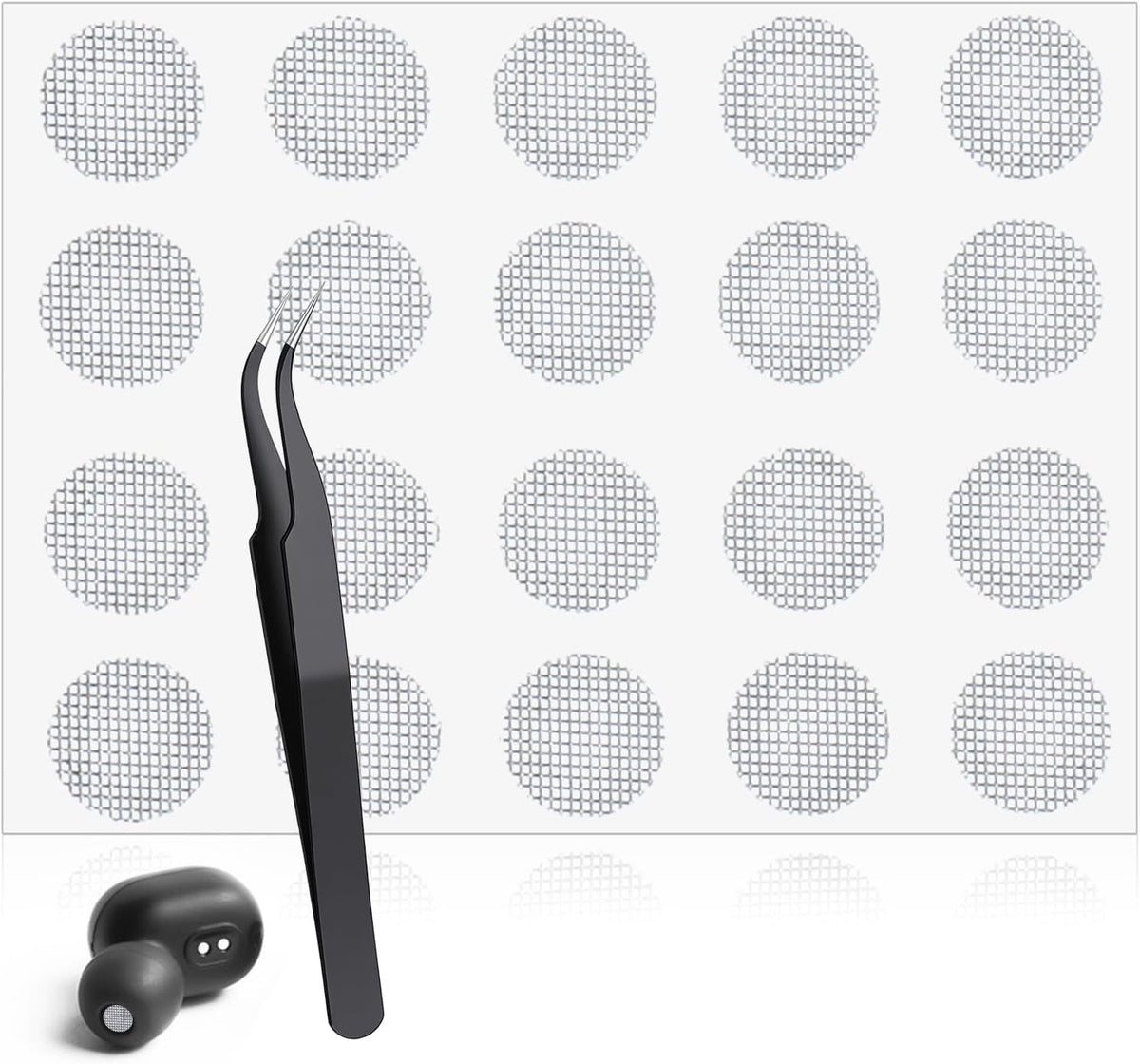 Macuezu 20 4 Mm PCS Earbud Mesh Replacement with Tweezers, Stainless Steel Earbud Dust Filter Mesh Compatible with Most