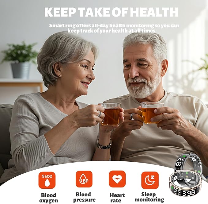 Smart Health Ring for Women Men, Smart Ring Fitness Tracker for iOS Android, Heart Rate, Blood Oxygen, Blood Pressure, Sleep Monitoring,5ATM Waterproof, No Subscription Fee (Silver, 9#)