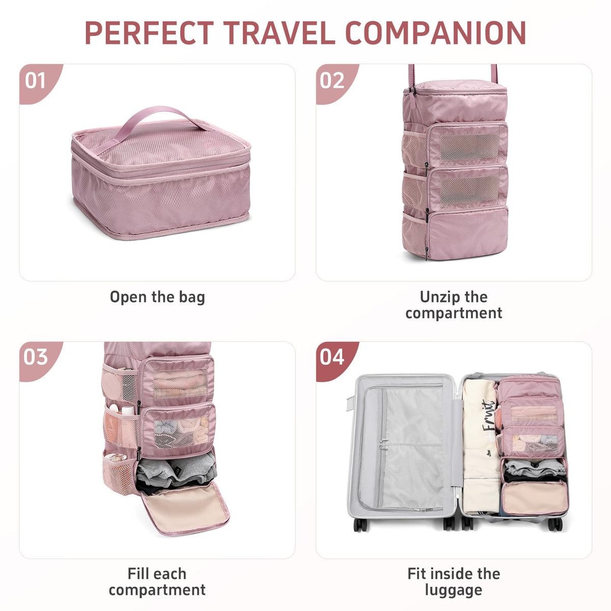 GOLF QUALITY Multi-layer storage bag Casual simple Luggage Packing Organizer with Hook,Clothing Underwear Bag,Carry On Closet,Purple pink