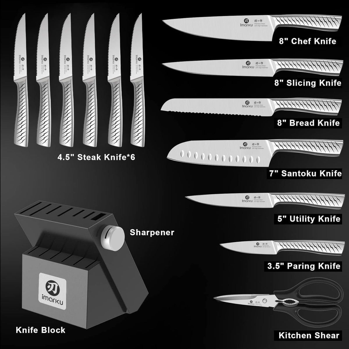 imarku® Knife Set,14-Piece Knife Sets for kitchen with block,Premium One-Piece Kitchen Knife Set with Sharpener,High Carbon Stainless Steel Knives Set for Kitchen,Dishwasher Safe,Black