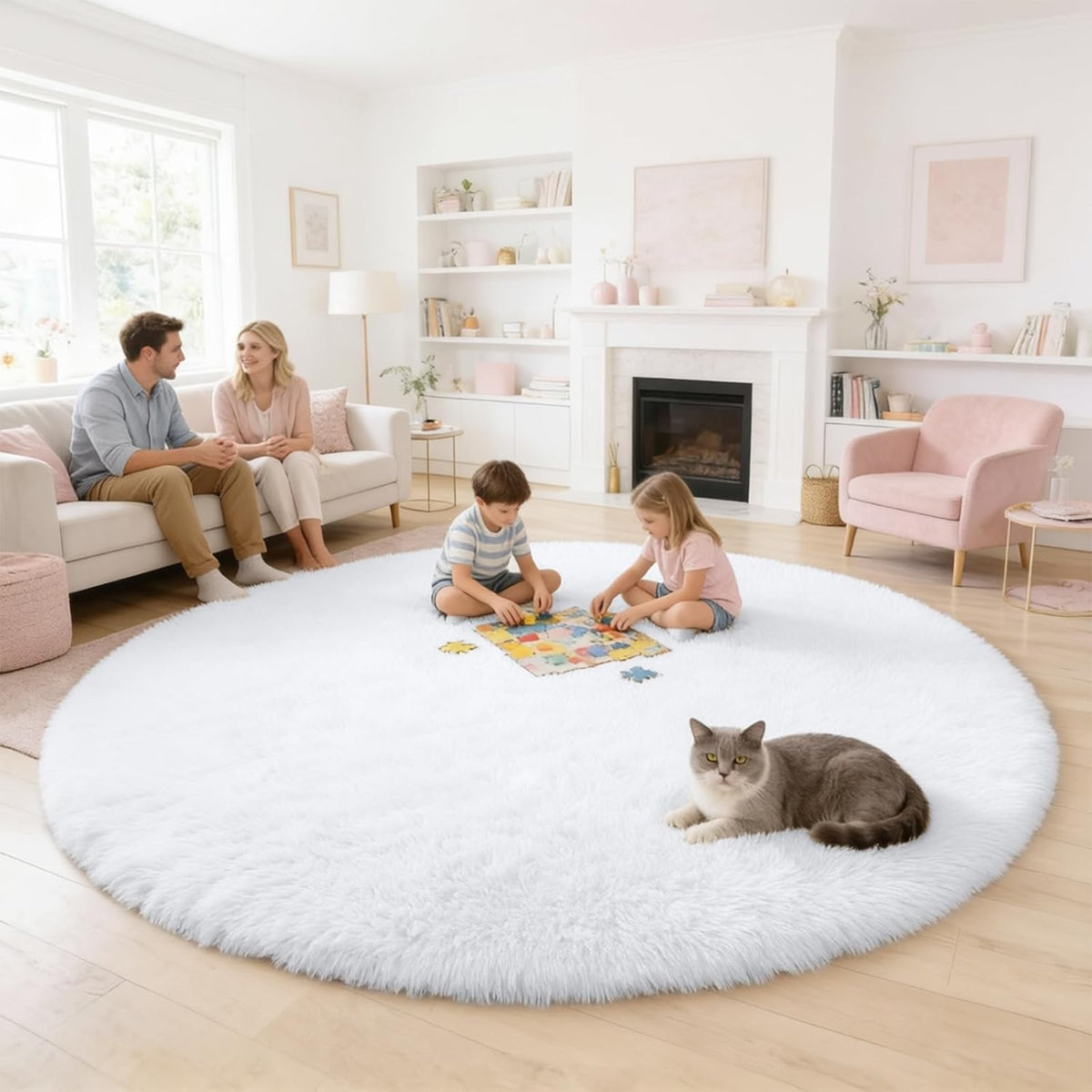 OLANLY White Round Area Rug - Soft & Fluffy 6 ft Machine Washable Carpet for Bedroom & Living Room Decor