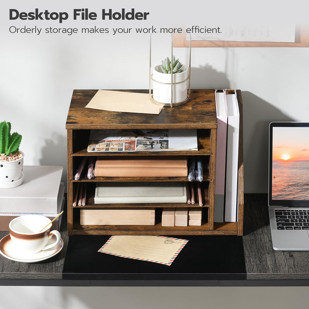 HOOBRO Mail Sorter, Literature Organizer with Adjustable Shelves, Paper Organizer for Office, Home, Wood Countertop File Holders, Mails, Magazines, Rustic Brown FG41WF01