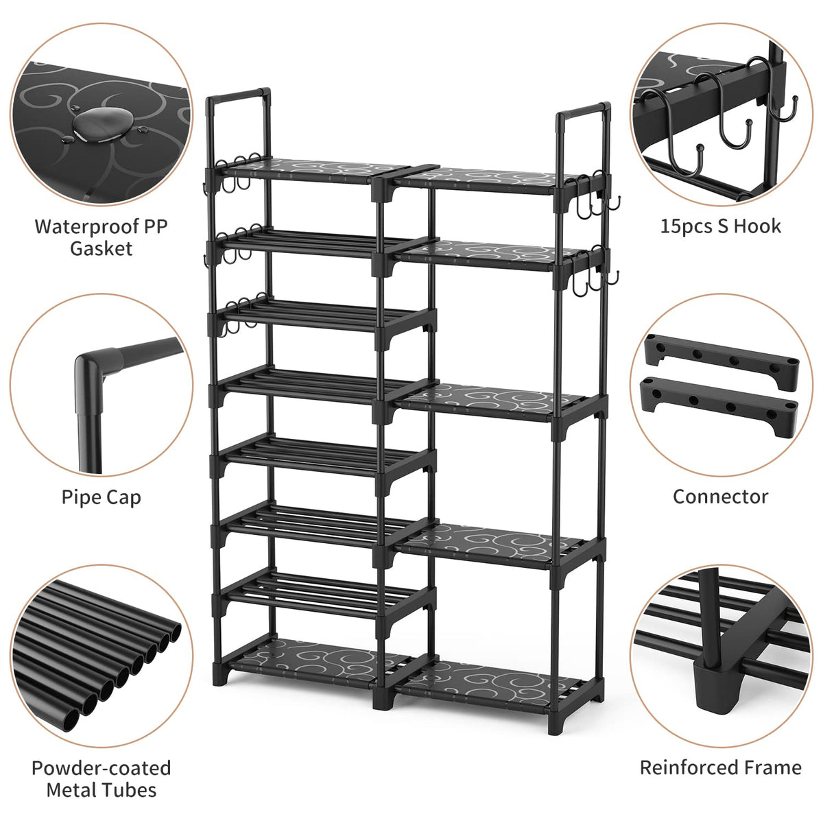 ROJASOP Shoe Rack Organizer, 8-Tier Metal Shoe Rack for Closet Entryway Garage, 26-32 Pairs Tall Shoe Boot Storage Shelf with 15 Hooks, Stackable Large Shoe Stand
