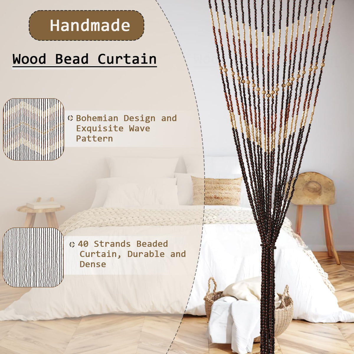 HYVAKUPPA 35.5" x 75" Boho Wood Bead Curtain for Doorways 40 Strands Door String Curtains Handmade Beaded Curtain Window Hanging Room Divider Wave Pattern for Home Decoration, Dark Brown