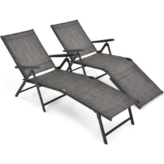 Multigot Folding Sun Lounger Set of 2, 5-Positions Adjustable Reclining Chaise Lounge Chair with 2-Level Footrest & Armrests, Steel Frame Outdoor Sunbed Deck Chair for Poolside Beach Camping (Gray)