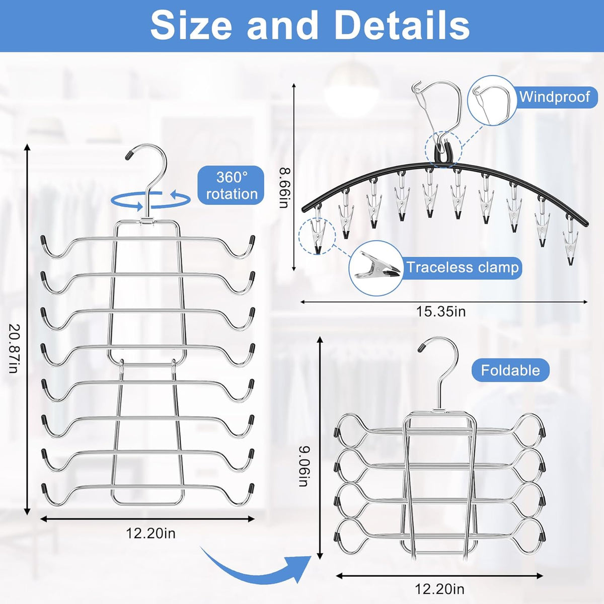 Skiennix Legging Hangers - Space-Saving Closet Organizer with 10 Clips & Tank Top Hanger | 2 Pack