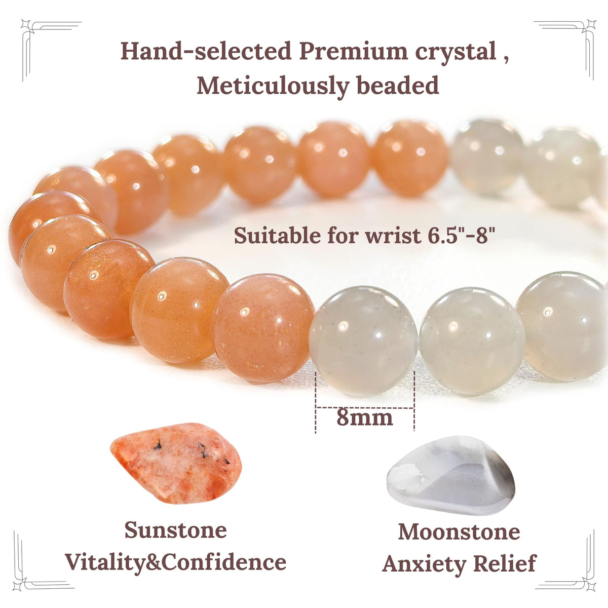 Atminafays 8MM Healing Crystal Bracelet - Sunstone & Moonstone | Natural Stone Balancing Energy Jewelry, Adjustable 6.5-8", Spiritual Gift